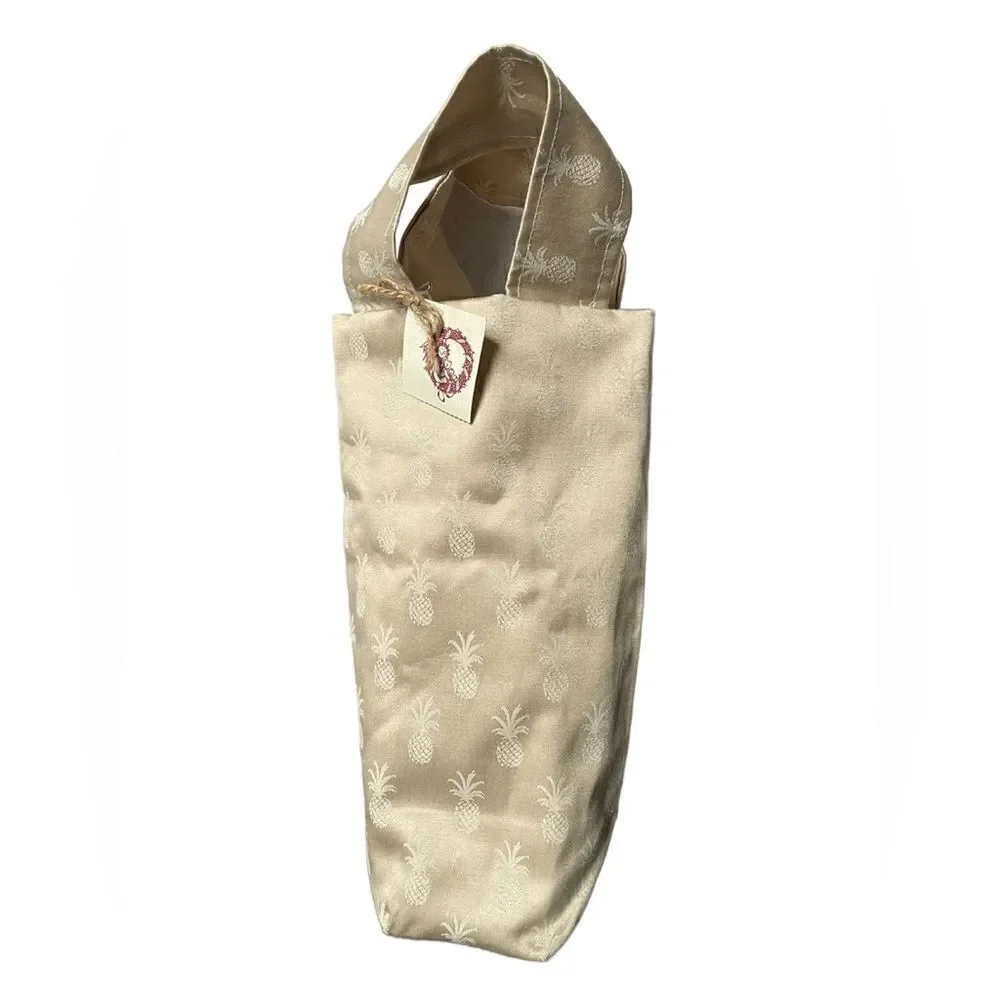 Handmade Cream Colored Cloth Wine Bottle Gift Bag w/Pineapple Designs